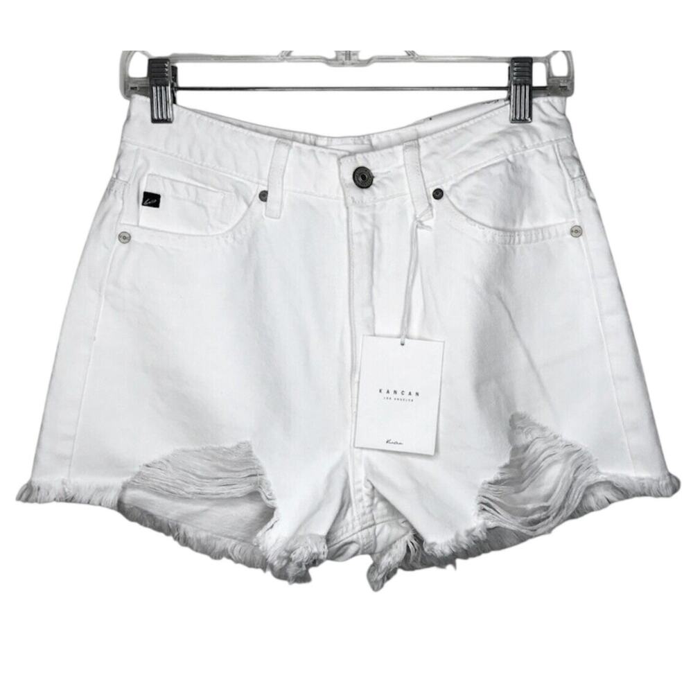 Kancan High Rise Distressed Frayed White Denim Shorts